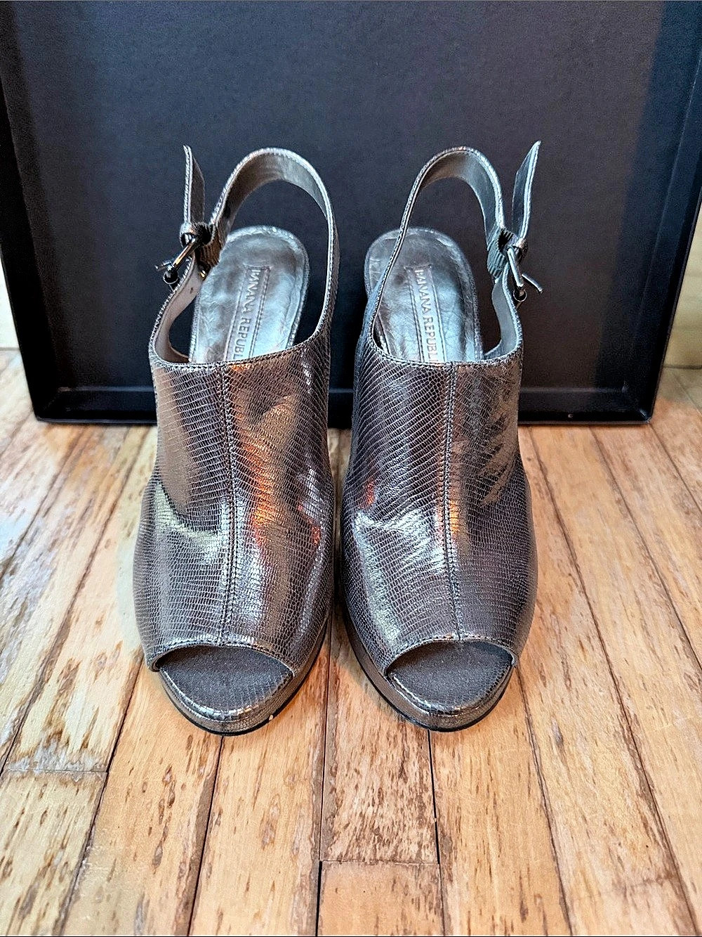 Banana Republic Peep Toe Ankle Strap Heels in Silver